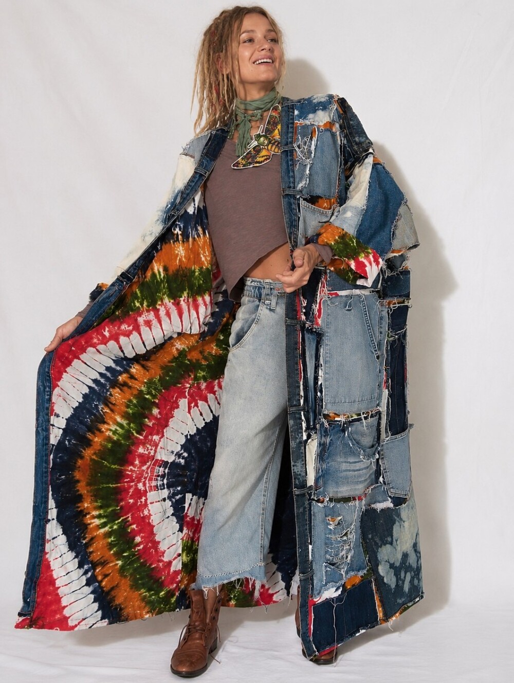 Bohemian Kimono Upcycled Vintage Denim Concept Tattoo Marilyn Monroe Patchwork